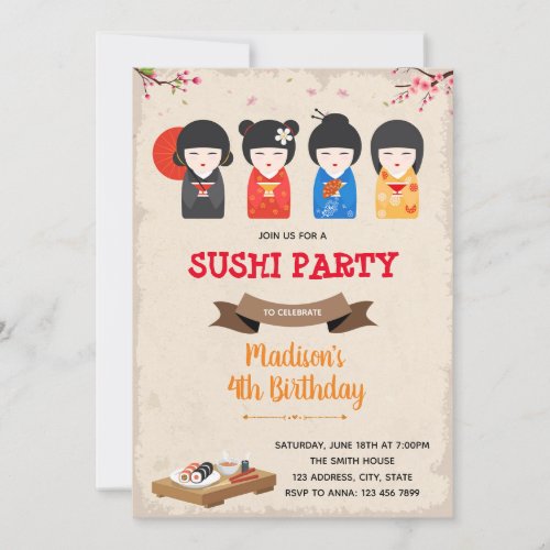 Japanese doll and sushi birthday Invitation