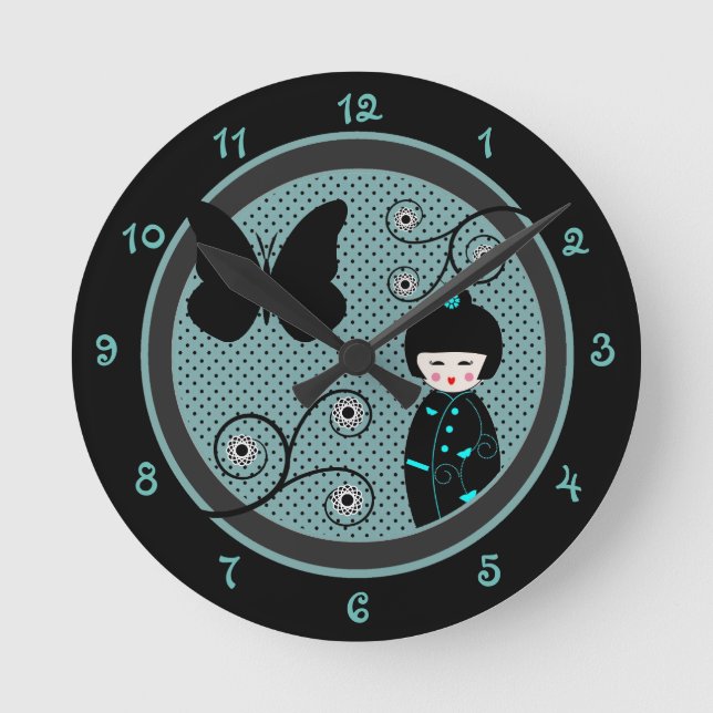 Japanese Doll Black and Blue Polka Dot Round Clock (Front)