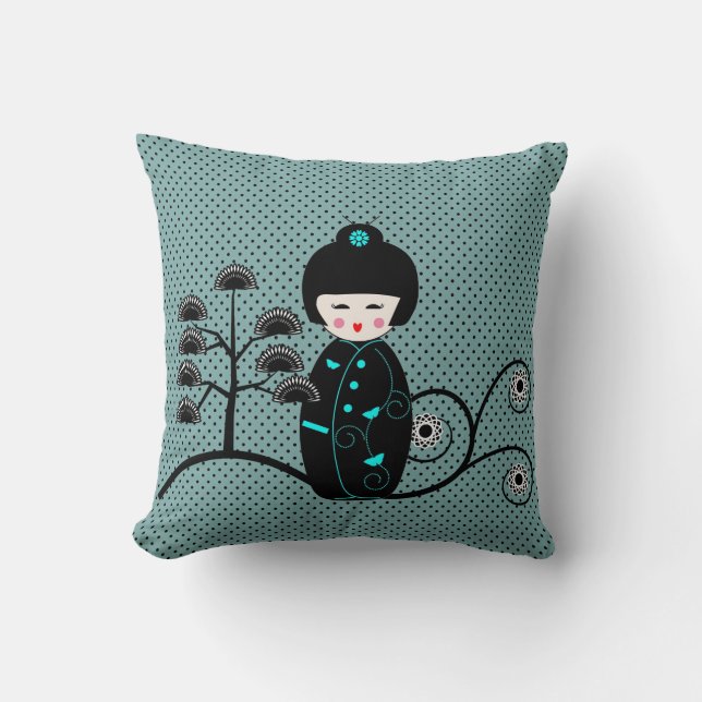 Japanese Doll Black and Blue Polka Dot  Throw Pillow (Front)