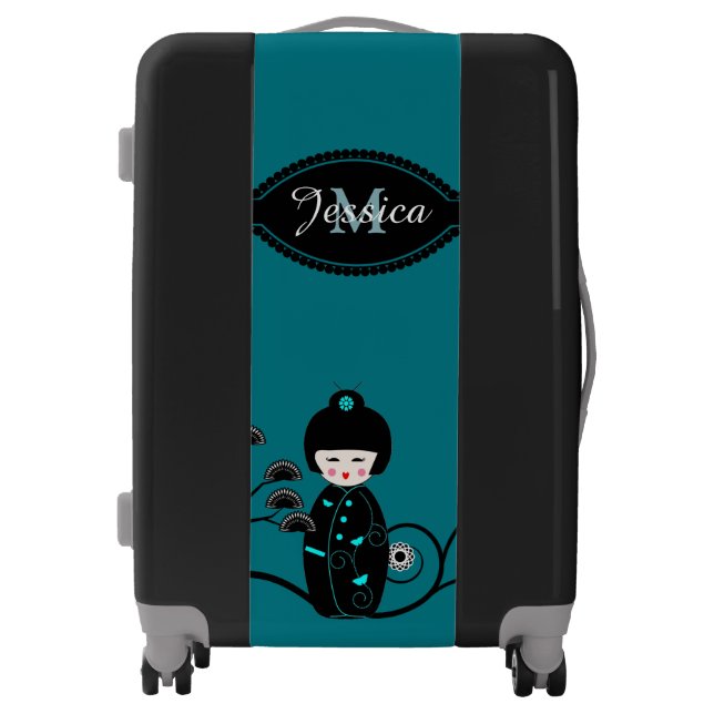 Japanese Doll Blue and Black Personalised Luggage (Front)