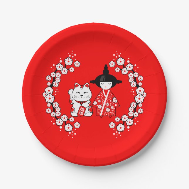 Japanese Doll - Kokeshi and Maneki Neko Cat Paper Plates (Front)