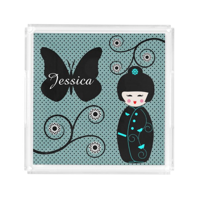 Japanese Doll Polka Dot Personalised Acrylic Tray (Front)