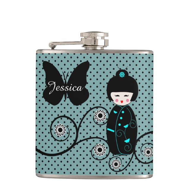 Japanese Doll Polka Dot Personalised Flask (Front)
