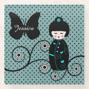 Japanese Doll Polka Dot Personalised Glass Coaster