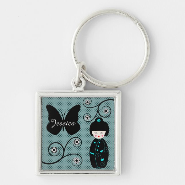 Japanese Doll Polka Dot Personalised Keychain (Front)