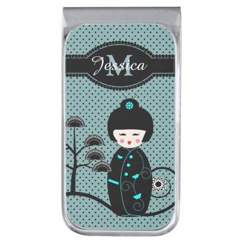 Japanese Doll Polka Dot Personalised Silver Finish Money Clip