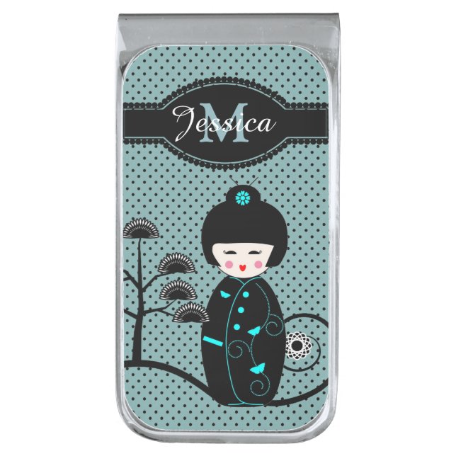 Japanese Doll Polka Dot Personalised Silver Finish Money Clip (Front Vertical)