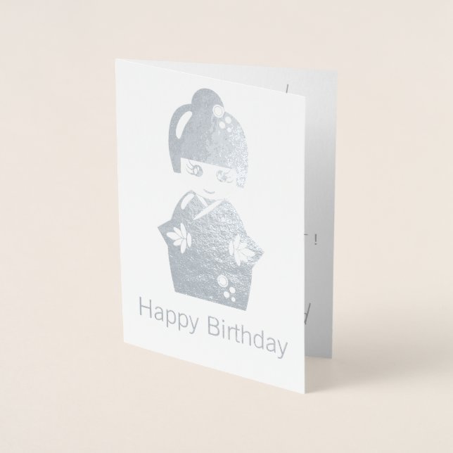 Japanese doll - silver birthday foil card (Front)