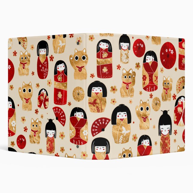 Japanese Dolls - Kokeshi and Maneki Neko Cats 3 Ring Binder (Background)