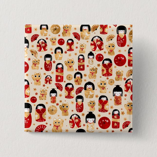Japanese Dolls - Kokeshi and Maneki Neko Cats Button (Front)