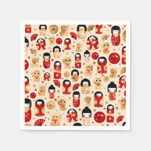 Japanese Dolls - Kokeshi and Maneki Neko Cats Napkins