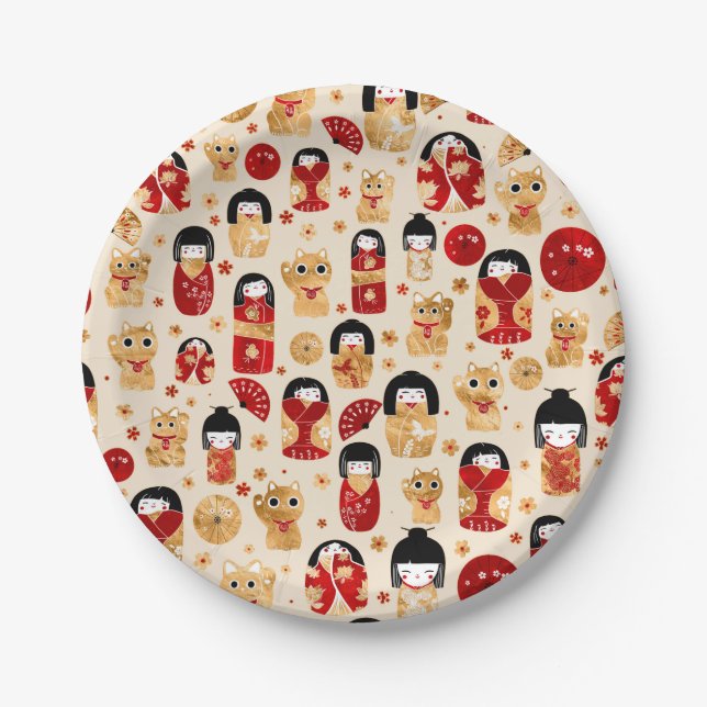 Japanese Dolls - Kokeshi and Maneki Neko Cats Paper Plates (Front)