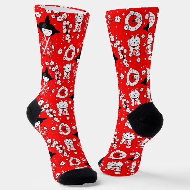 Japanese Dolls - Kokeshi and Maneki Neko Cats Socks (Angled)