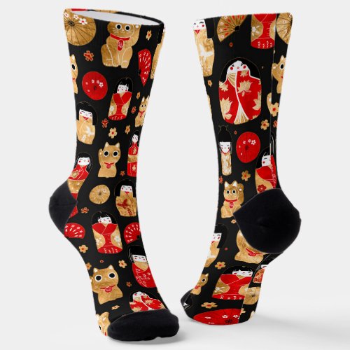 Japanese Dolls _ Kokeshi and Maneki Neko Cats Socks