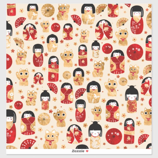 Japanese Dolls - Kokeshi and Maneki Neko Cats Sticker (Sheet)
