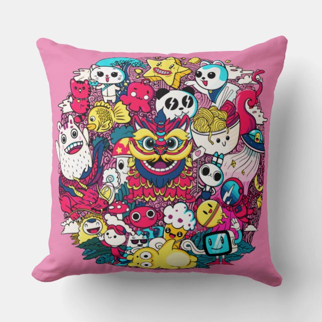 Japanese Doodle Art Throw Pillow (Front)