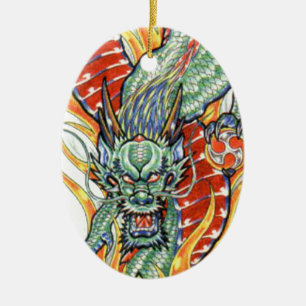Japanese Dragon and Lotus Flower Ceramic Ornament
