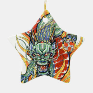 Japanese Dragon and Lotus Flower Ceramic Ornament