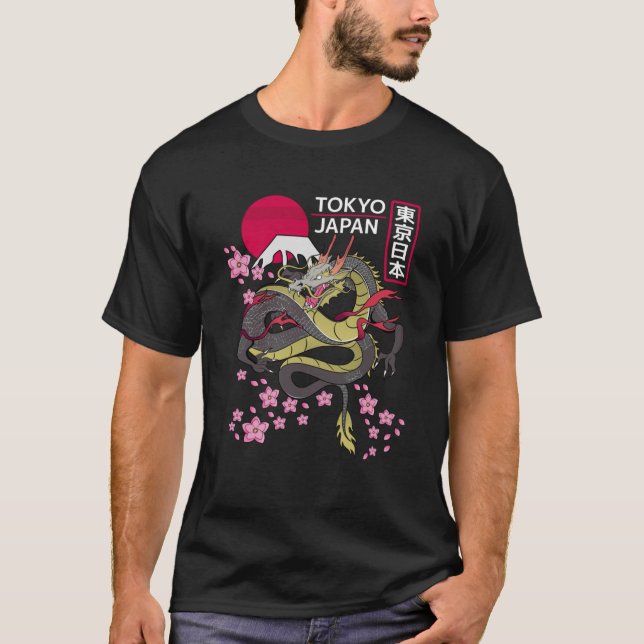 Japanese Dragon Cherry Blossom Retro Aesthetic Tok T-Shirt (Front)