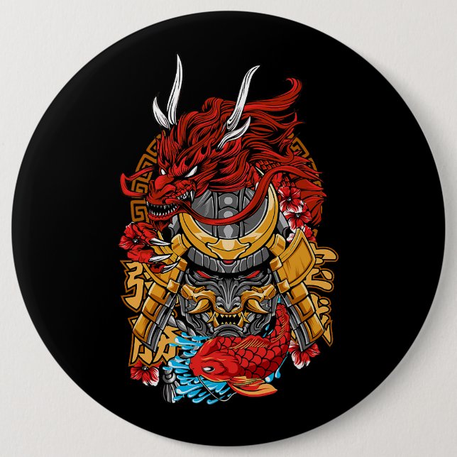 Japanese Dragon Cyberpunk Samurai Koi Fish Aesthet Button (Front)