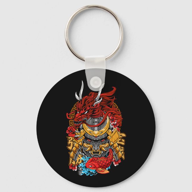 Japanese Dragon Cyberpunk Samurai Koi Fish Aesthet Keychain (Front)