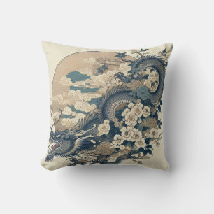 Japanese Dragon & Flower Blossom Throw Pillow