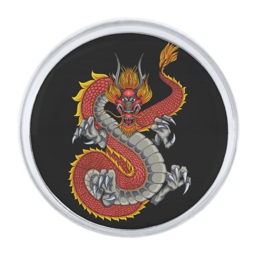 japanese dragon illustration silver finish lapel pin