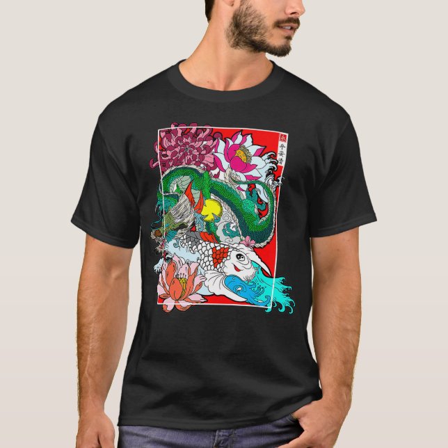 Japanese Dragon Koi Carp Nishikigoi Flowers T-Shirt (Front)
