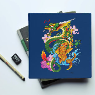 Japanese Dragon Koi Lotus Mythical Asian Blue 3 Ring Binder