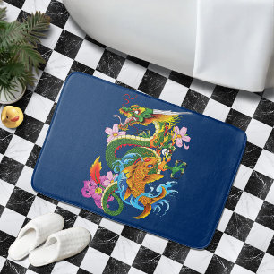 Japanese Dragon Koi Lotus Mythical Asian Blue Bath Mat