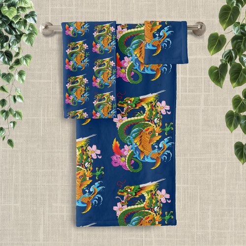 Japanese Dragon Koi Lotus Mythical Asian Blue Bath Towel Set