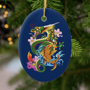 Japanese Dragon Koi Lotus Mythical Asian Blue Ceramic Ornament