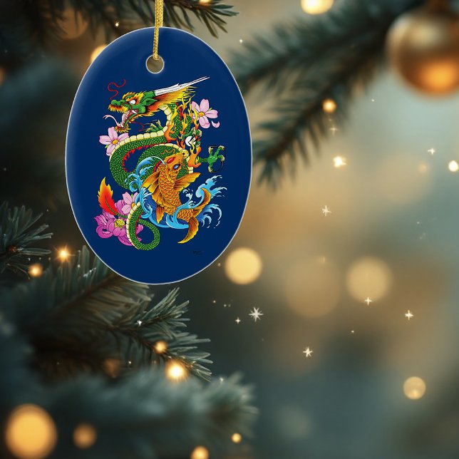 Japanese Dragon Koi Lotus Mythical Asian Blue Ceramic Ornament (Creator Uploaded)