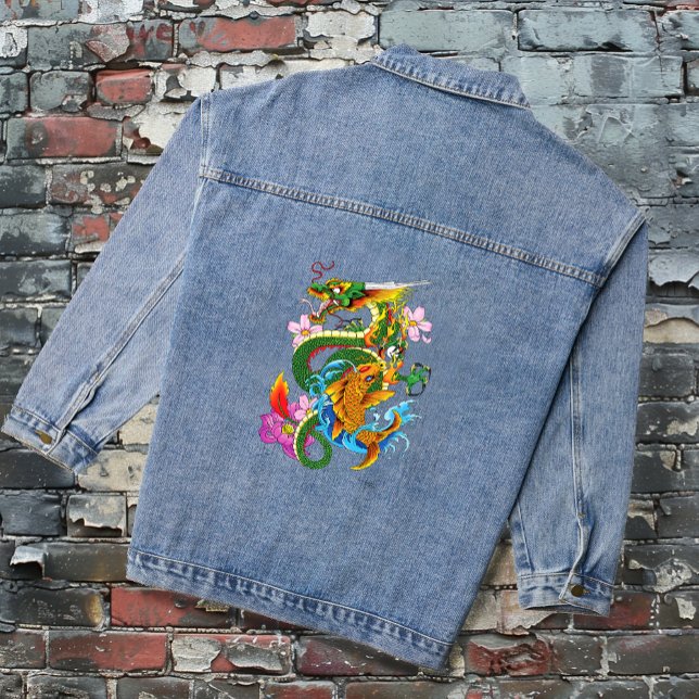 Japanese Dragon Koi Lotus Mythical Asian Blue Denim Jacket (Creator Uploaded)