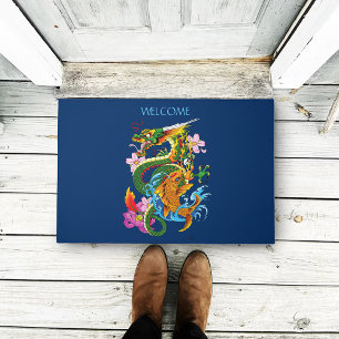 Japanese Dragon Koi Lotus Mythical Asian Blue Doormat