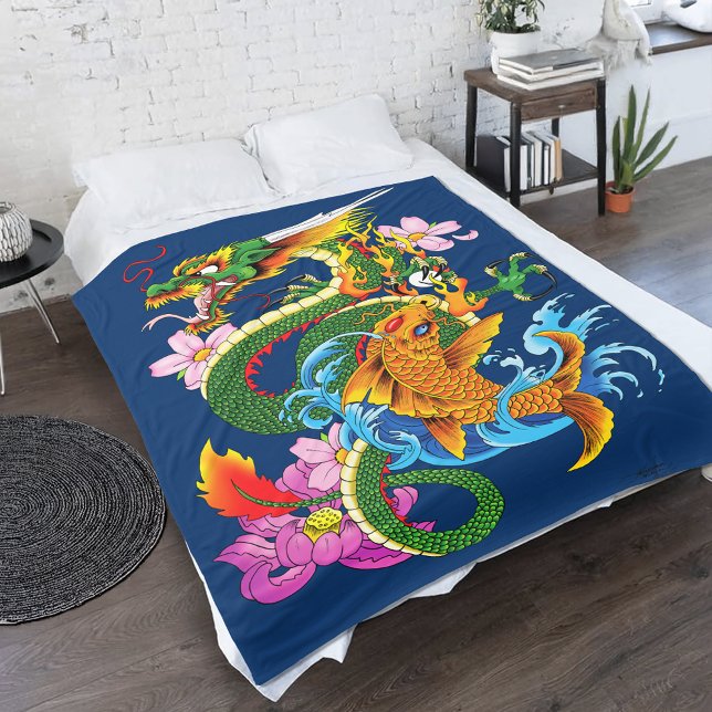 Japanese Dragon Koi Lotus Mythical Asian Blue Fleece Blanket (Creator Uploaded)