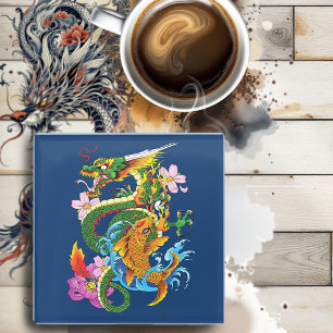 Japanese Dragon Koi Lotus Mythical Asian Blue Glass Coaster