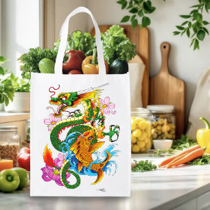 Japanese Dragon Koi Lotus Mythical Asian Blue Grocery Bag