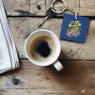 Japanese Dragon Koi Lotus Mythical Asian Blue Keychain