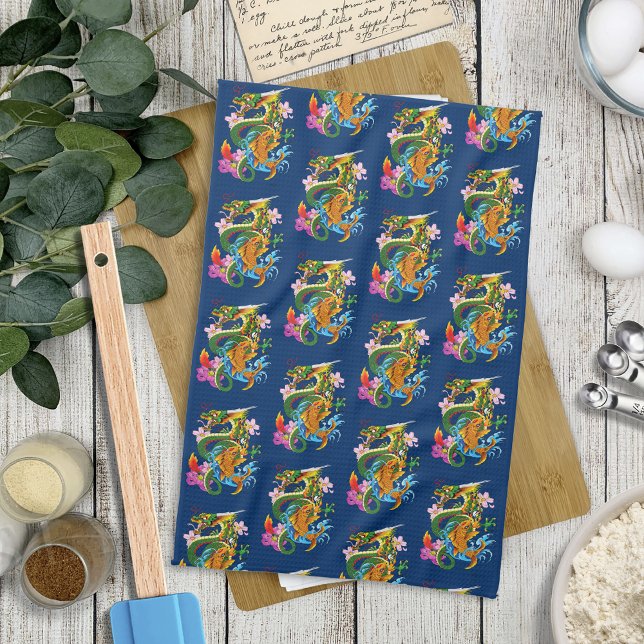 Japanese Dragon Koi Lotus Mythical Asian Blue Kitchen Towel (Creator Uploaded)