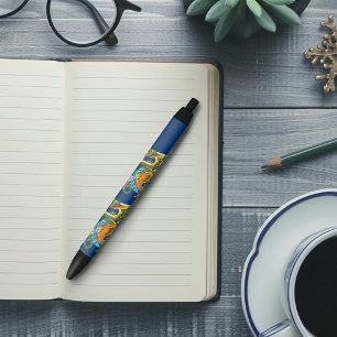 Japanese Dragon Koi Lotus Mythical Asian Blue Pen