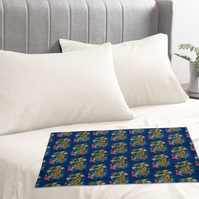 Japanese Dragon Koi Lotus Mythical Asian Blue Pillow Case (Creator Uploaded)