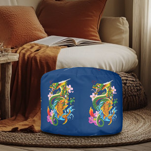 Japanese Dragon Koi Lotus Mythical Asian Blue Pouf