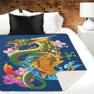 Japanese Dragon Koi Lotus Mythical Asian Blue Sherpa Blanket