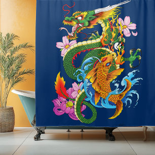 Japanese Dragon Koi Lotus Mythical Asian Blue Shower Curtain