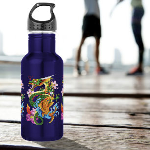 Japanese Dragon Koi Lotus Mythical Asian Blue Stainless Steel Water Bottle
