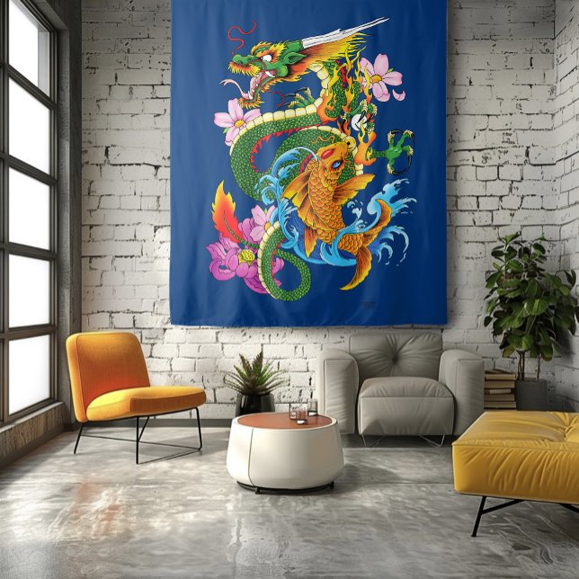 Japanese Dragon Koi Lotus Mythical Asian Blue Tapestry (Creator Uploaded)
