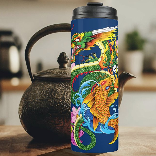 Japanese Dragon Koi Lotus Mythical Asian Blue Thermal Tumbler (Creator Uploaded)