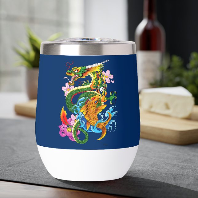 Japanese Dragon Koi Lotus Mythical Asian Blue Thermal Wine Tumbler (Creator Uploaded)