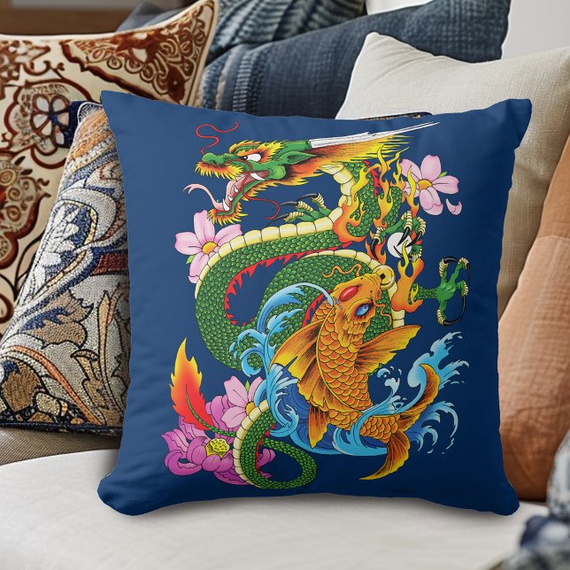 Japanese Dragon Koi Lotus Mythical Asian Blue Throw Pillow (Creator Uploaded)